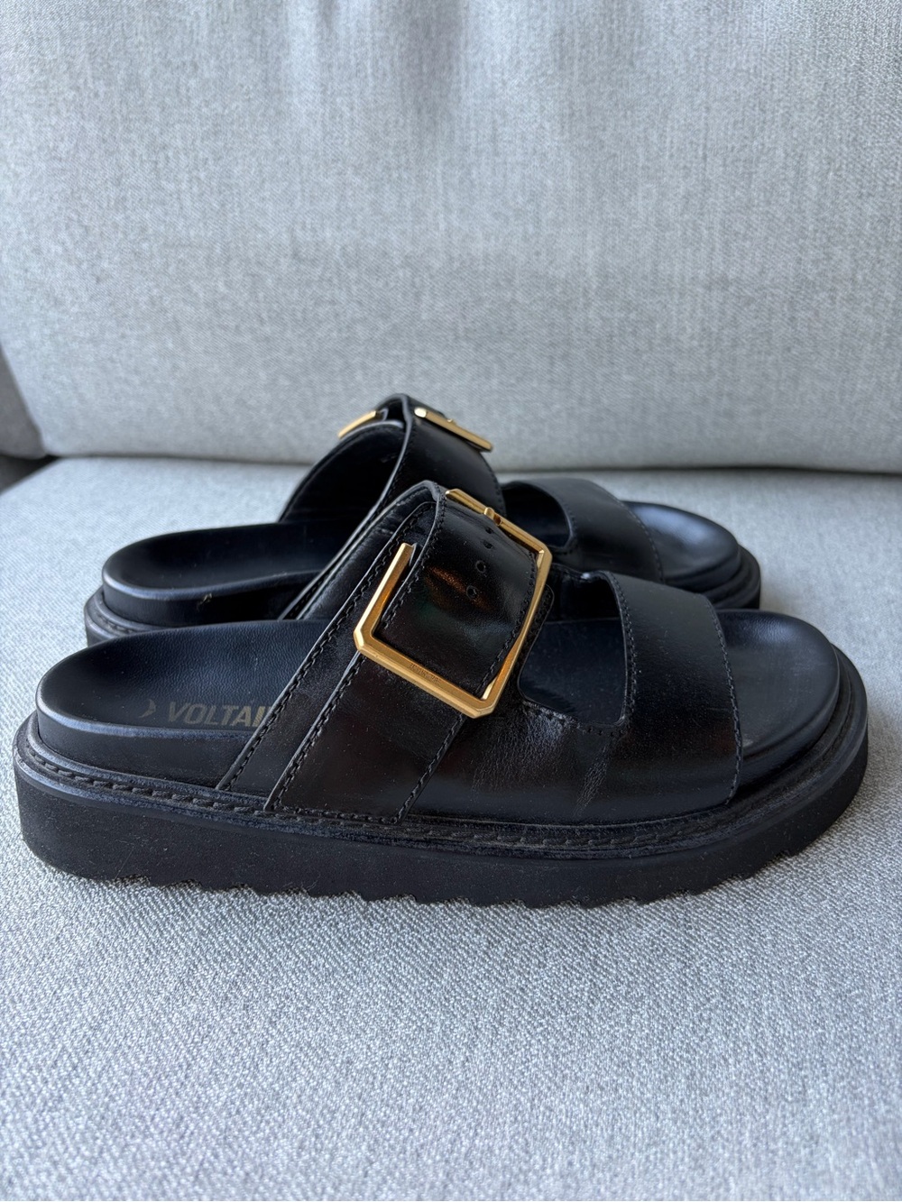 Zadig & Voltaire Black Leather Double Strap Slide Sandals with Gold Buckles
